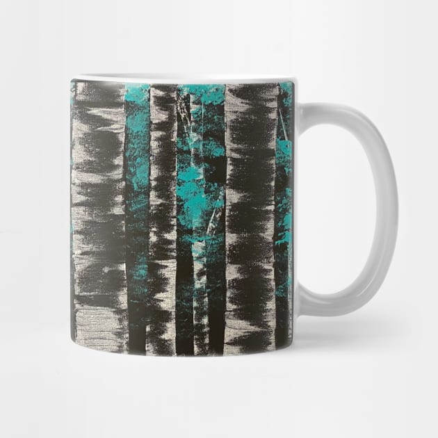 Black and White Birch Trees with Teal Leaves by J&S mason